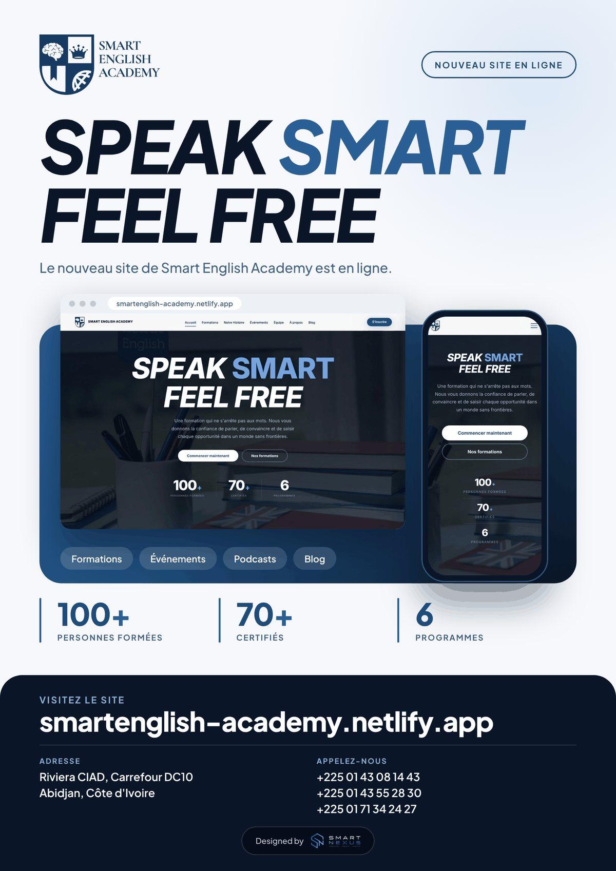 Affiche de lancement du site Smart English Academy, sur ordinateur et sur téléphone